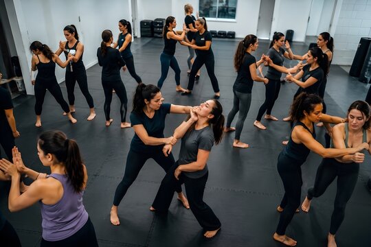 Women Practicing Self Defense Techniques in a Group Training Class