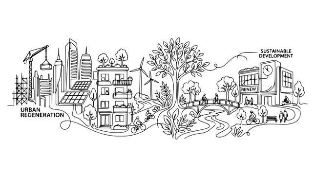 Sustainable Urban Development Line Art: Eco City, Renewable Energy, Green Living