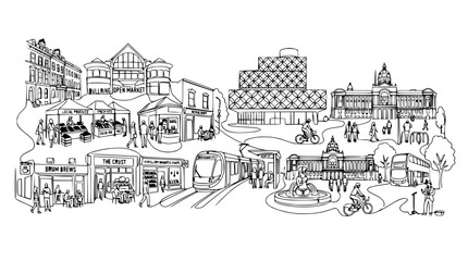 Obraz premium Cityscape Doodle Line Art: Buildings, People, Tram, Market, Bus