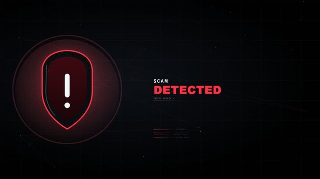 Futuristic digital animation showing a red security shield with 'Scam Detected' warning text