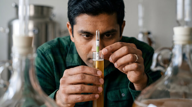 man checking liquid density with hydrometer in lab