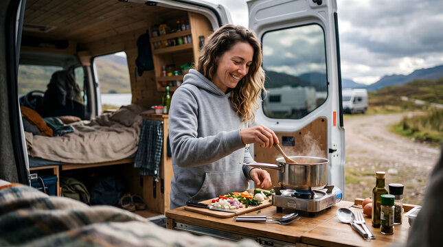 Woman cooking healthy meal inside camper van during outdoor adventure