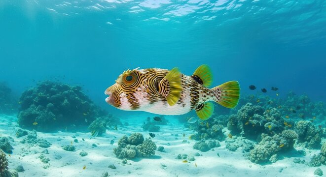 Colorful boxfish swimming over coral reef in clear ocean.