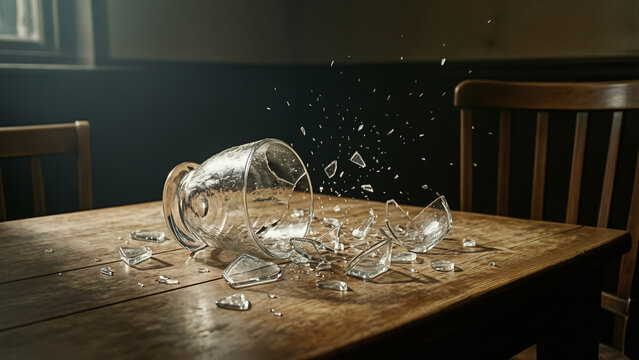 Broken Glass on a Wooden Table with Shattered Pieces Scattered Around