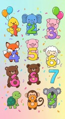 Naklejka premium Colorful Cartoon Animals and Numbers for Kids Learning.