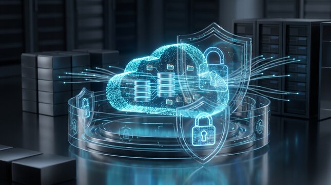 Luminous digital cloud protected by transparent security layers, encrypted data, database symbols, and glowing padlocks in a futuristic cloud computing environment.