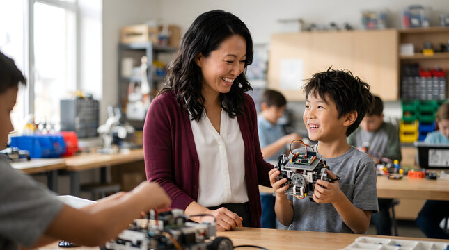 Teacher and student with robot in stem class