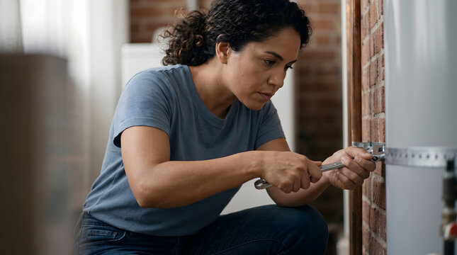 woman fixing water heater with wrench