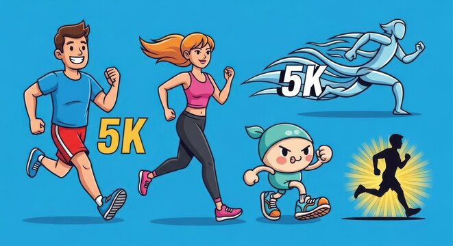 Colorful cartoon characters running in a five kilometer race.