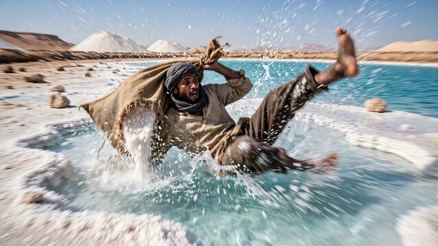 North African salt miner falling backwards into a bright blue salt lake while his burlap sack bursts open spilling white salt crystals in a dramatic splash