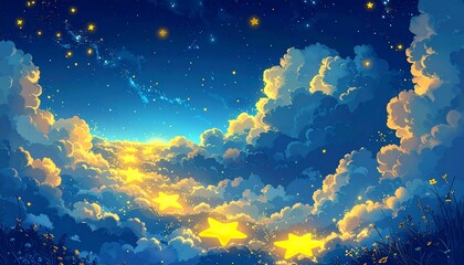 Fototapeta premium Whimsical Star Trail and Rabbit Tracks Illustration in a Magical Night Sky with Clouds