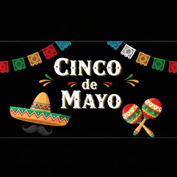 Colorful Cinco de Mayo celebration banner with sombrero and maracas.