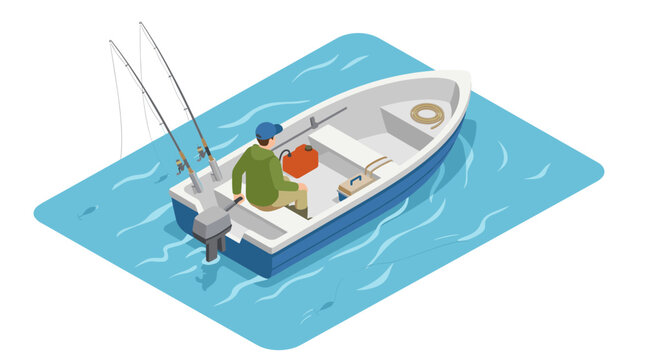Motorboat with person and rods gone fishing vector