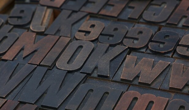 Vintage wooden letterpress type blocks typography printing press details