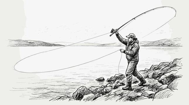 Fly fisherman on rocky shore gone fishing vector