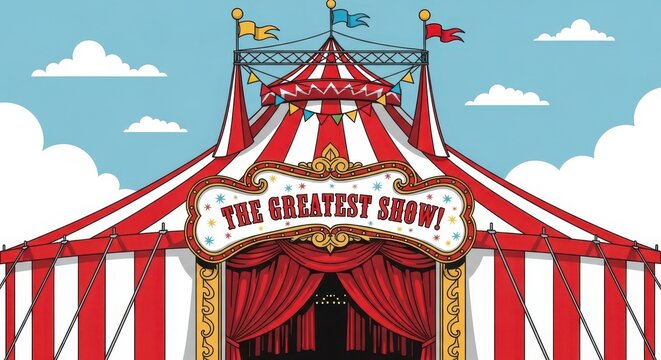 Colorful Circus Tent with Greatest Show Sign Under Blue Sky.