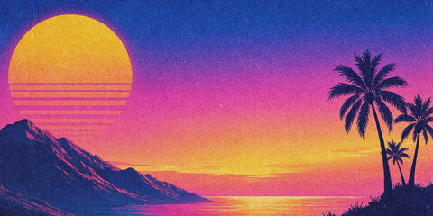 Fototapeta premium Retro synthwave sunset landscape with palm trees and mountains in a vibrant neon style