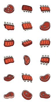 Colorful cartoon steak illustrations on white background.