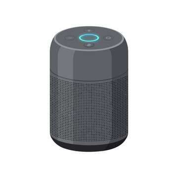 Smart speaker voice assistant, cylindrical or rounded body, speaker grille mesh, top control buttons or touch surface, indicator lights, sleek flat design, modern tech icon style.