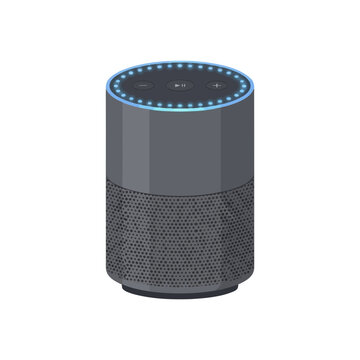 Smart speaker voice assistant, cylindrical or rounded body, speaker grille mesh, top control buttons or touch surface, indicator lights, sleek flat design, modern tech icon style.