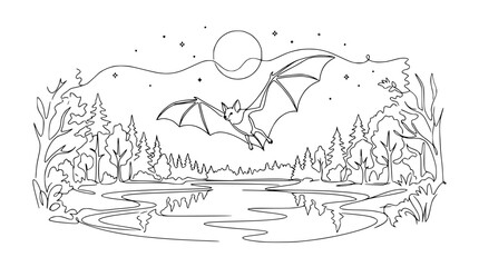 Fototapeta premium Bat Flying Over Moonlit Lake Forest Landscape Line Art