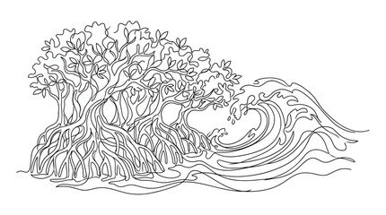 Fototapeta premium Mangrove Tree and Crashing Wave Line Art
