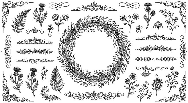 Hand drawn floral wreath and botanical elements set with vintage flourishes and decorative dividers in vector format