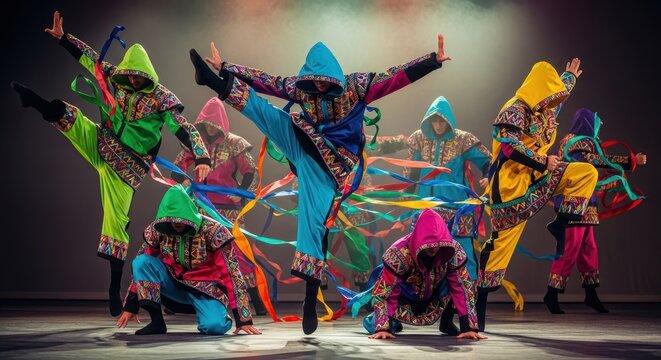 Colorful dancers performing vibrant stage show with ribbons.