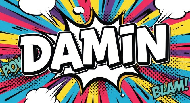 Colorful comic book style explosion with the word DAMIN.