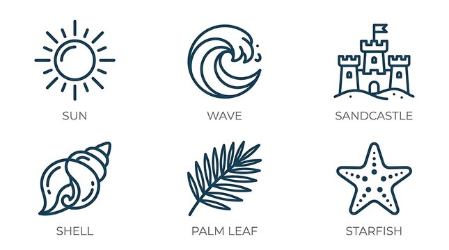 Minimalist beach theme icons set with sun wave sandcastle
