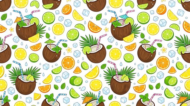 Tropical drinks in coconut shells with straws