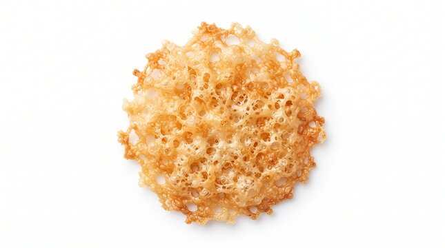 Golden Crispy Parmesan Cheese Frico Disc Isolated on White Background for Gourmet Appetizer Presentation