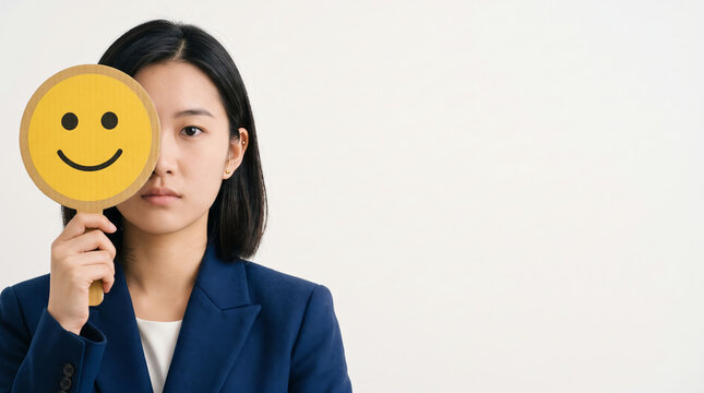 Asian woman wearing a suit holding a smiling emoji with a flat expression 