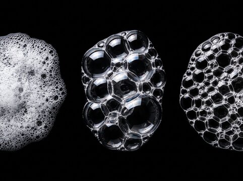 Macro foam bubbles on black background show varied soap suds sizes for cleaning products advertising and scientific visualization of liquid surface tension effects.