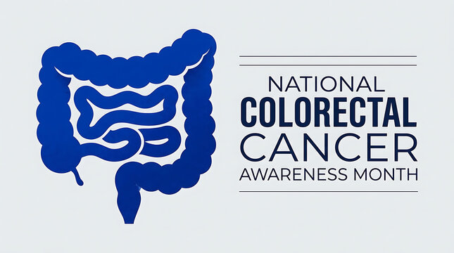 National colorectal cancer awareness month illustration with a detailed blue intestinal tract design and strong impactful typography for health campaigns