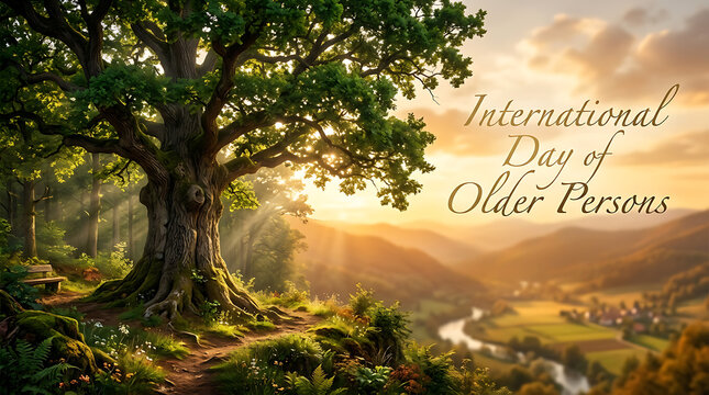 Warm golden hour sunlight streams through vibrant lush green tree branches creating a peaceful landscape with rolling hills and gentle soft clouds