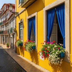 Fototapeta premium Colorful European Street with Flower Boxes and Yellow Walls.