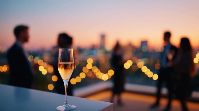 Blurred Silhouette of Business Professionals at Rooftop Skyline Networking Reception