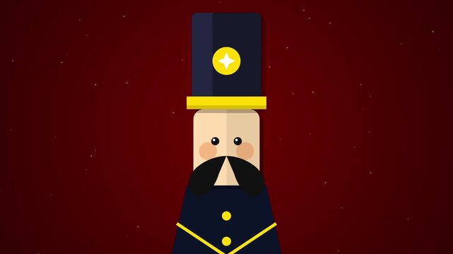 Minimalist Nutcracker Soldier Animation with Falling Snow and Festive Holiday Ornaments Motion