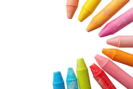 Assorted colorful broken pastel chalk pieces arranged in a loose circle