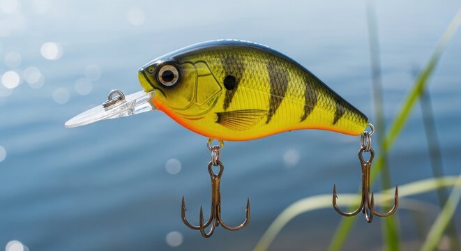 Colorful fishing lure with hooks in water.