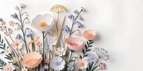 Fototapeta premium A layered paper cut illustration of a bunch of colorful wildflowers, multiple pastel paper tones creating dimensional texture, soft shadows, clean minimal background, papercraft art style