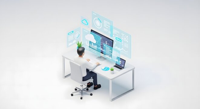 3D isometric businessman working at office desk with cloud computing and digital data interface.