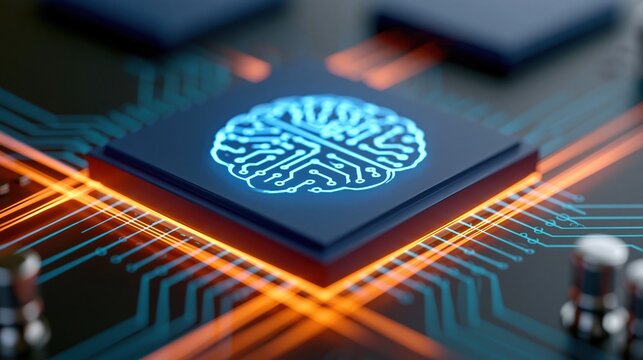 Glowing blue brain circuit symbol on black processor chip with orange data lines flowing across dark technology background