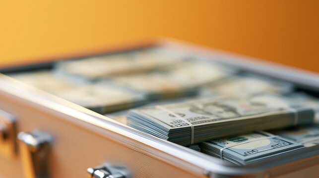 Open briefcase filled with stacks of hundred dollar bills against an orange background representing wealth and finance