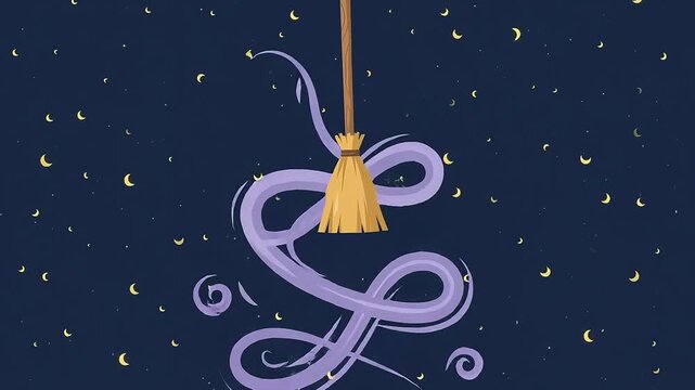 Animated magic broom flying in starry night sky