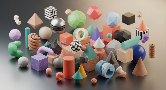 Colorful Geometric Shapes in 3D Rendering Composition.