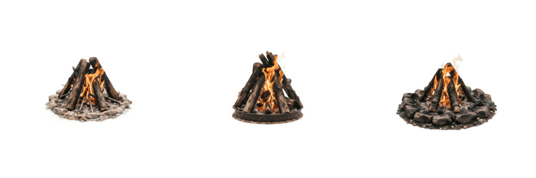 Set of campfires burning bonfires wooden logs camping and survival equipment outdoor fire pits graphic collection isolated transparent background high resolution vector clipart png