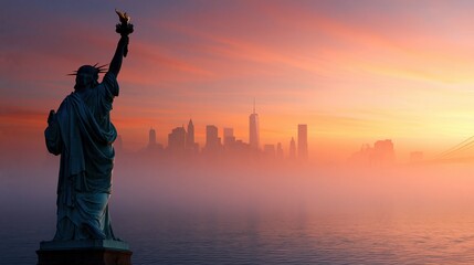 Obraz premium Silhouette of the Statue of Liberty holding a torch against a colorful sunset sky with a foggy city skyline in the background