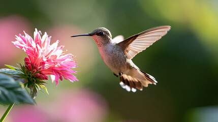 Naklejka premium Small Hummingbird Feeding Near Bright Red Pink Blossom